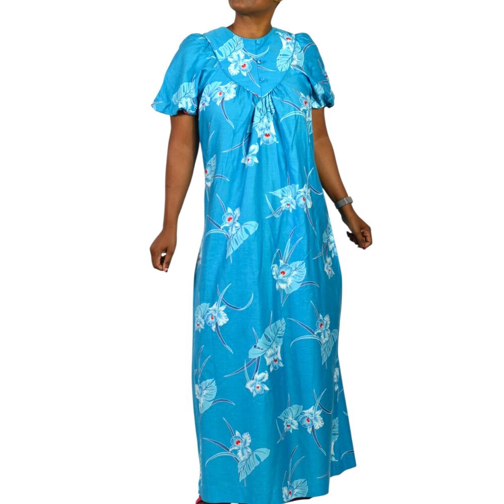Vintage Darina Honolulu Blue Floral Muumuu Hawaiian Maxi Dress Puff Sleeve Small